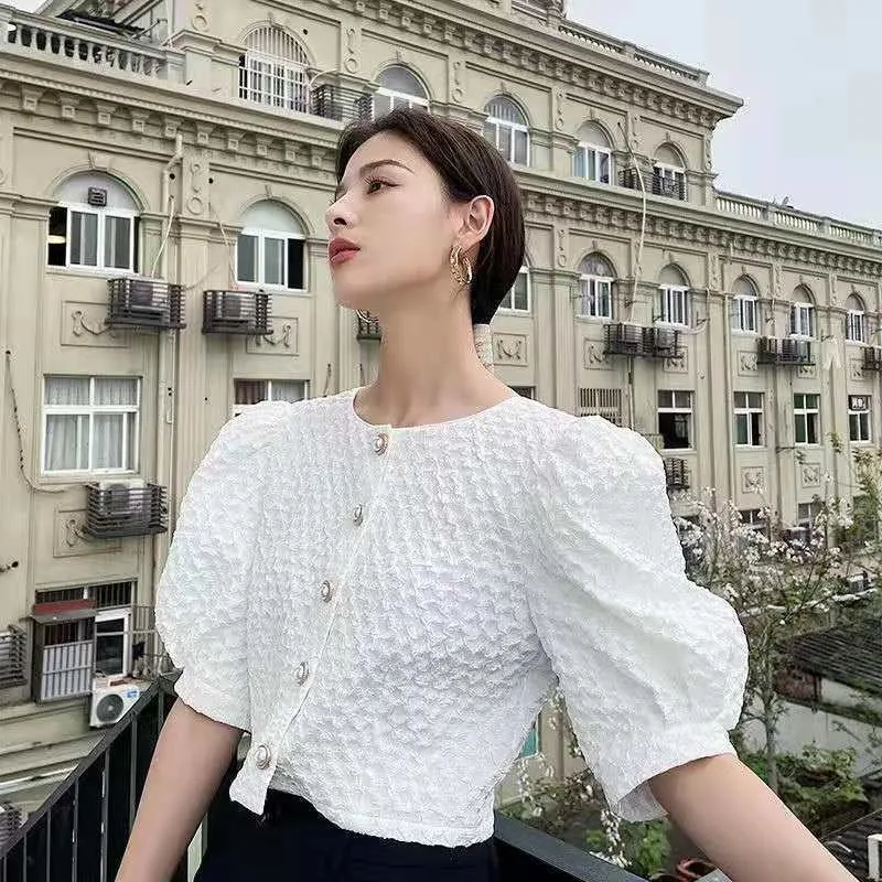 Korejpaa Spring Summer Women Shirt Korean Fashion Pleated Bubble Sleeve Shirts Elegant Single Breasted Cardigan Short Blouse