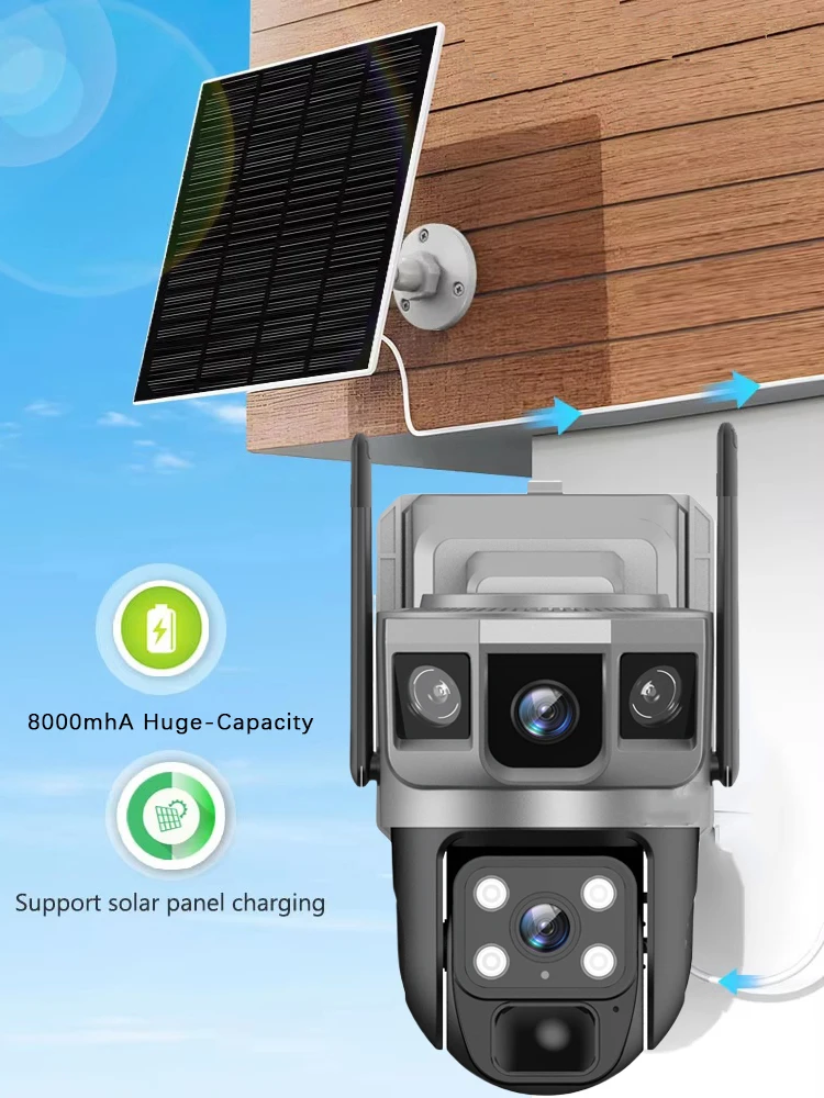 Kamera IP V380 Pro 12MP Solar 4G CCTV z trzema ekranami, automatycznym śledzeniem, zewnętrzna, wodoodporna, 6K, do monitoringu, kamera PTZ zasilana akumulatorem, kamera WiFi do monitoringu, obrót — 2