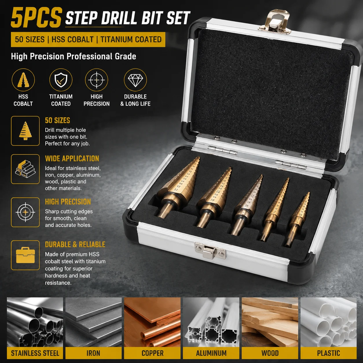 

5Pcs Step Drill Bit Set HSS Cobalt Titanium Coated Carbide Drill Bits 50 Sizes Conical Hole Cutter for Stainless Steel Iron Sheet Metal Wood Drilling Hardware Punch Tool High Precision Professional Grade