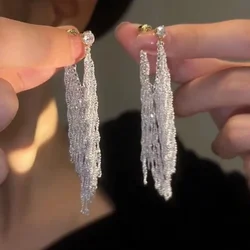 Zircon Silver Color Chain Long Tassel Earrings for Women Fashionable Personalized Daily Accessories Party Jewelry Birthday Gifts