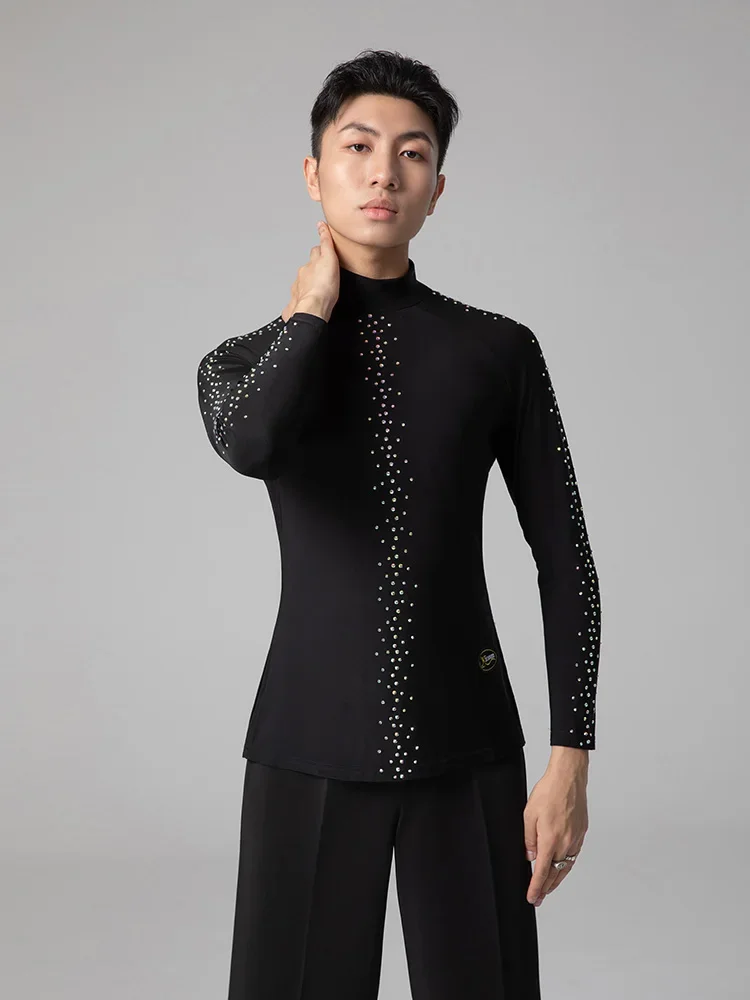 Nuevo vestido de actuación de baile latino 2024, vestido de competición de baile estándar para hombres, Top de manga larga de baile con cuello alto, trajes 6603