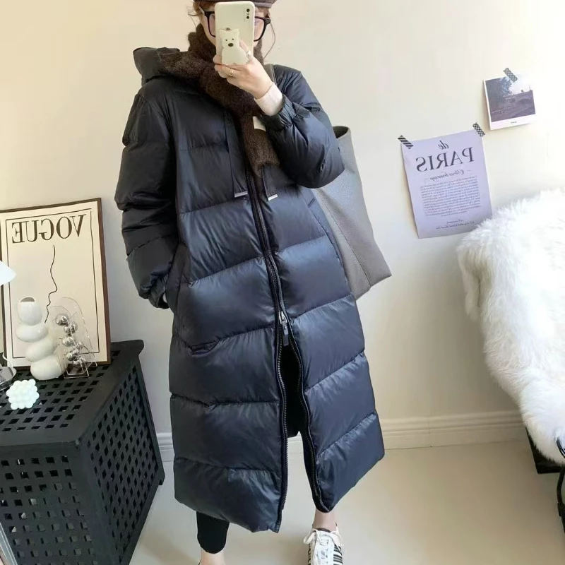 2024 Winter New Clothing Female Hooded Middle-length Down Jacket White Duck Down Thickened Warm Casual Loose Large Puffer Jacket