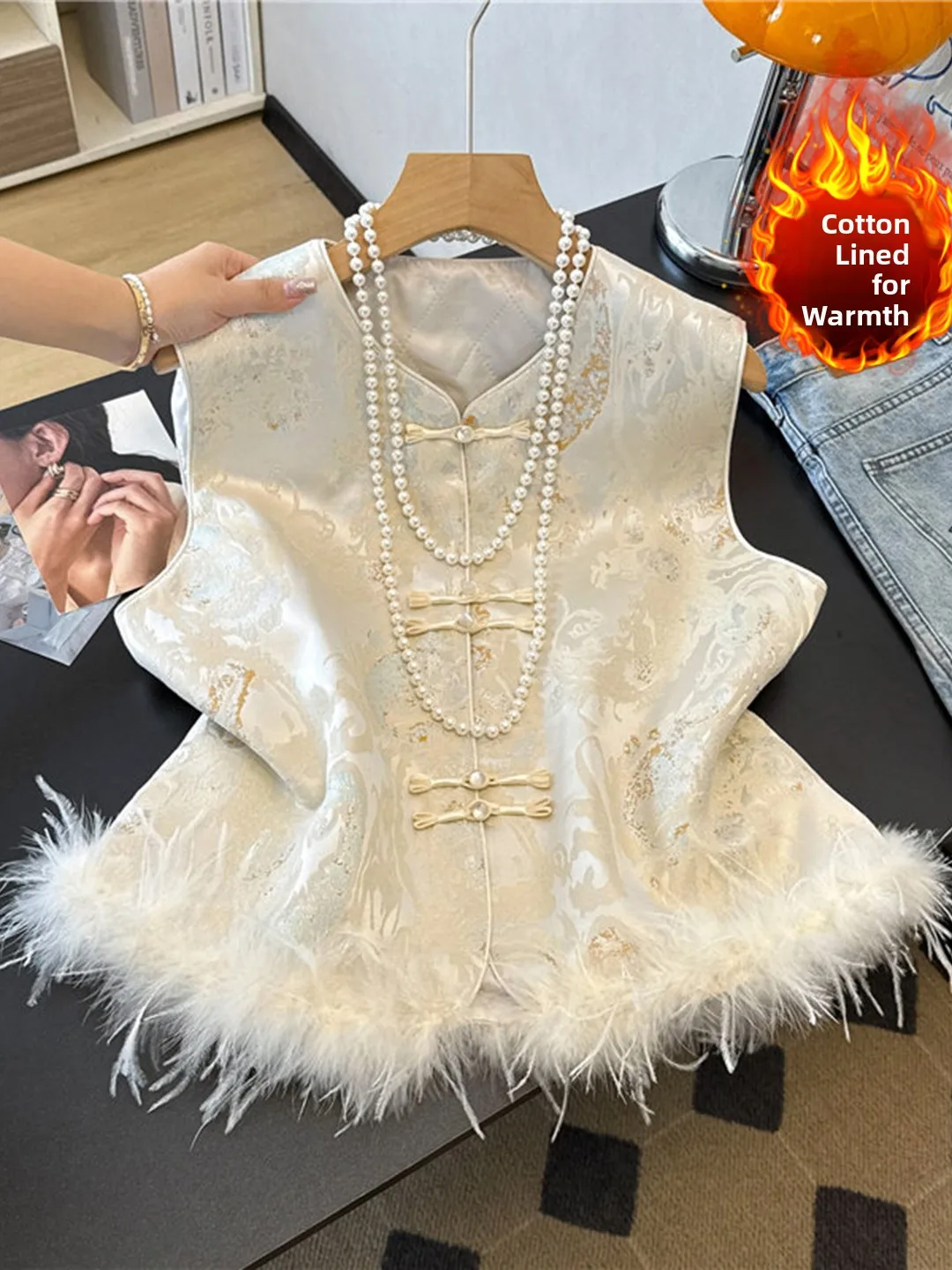 New Chinese Style Song Jin Patchwork Camel Bird Feather Waistcoat Warm Fashionable Autumn Winter Cotton Lined Top Women's Clo...