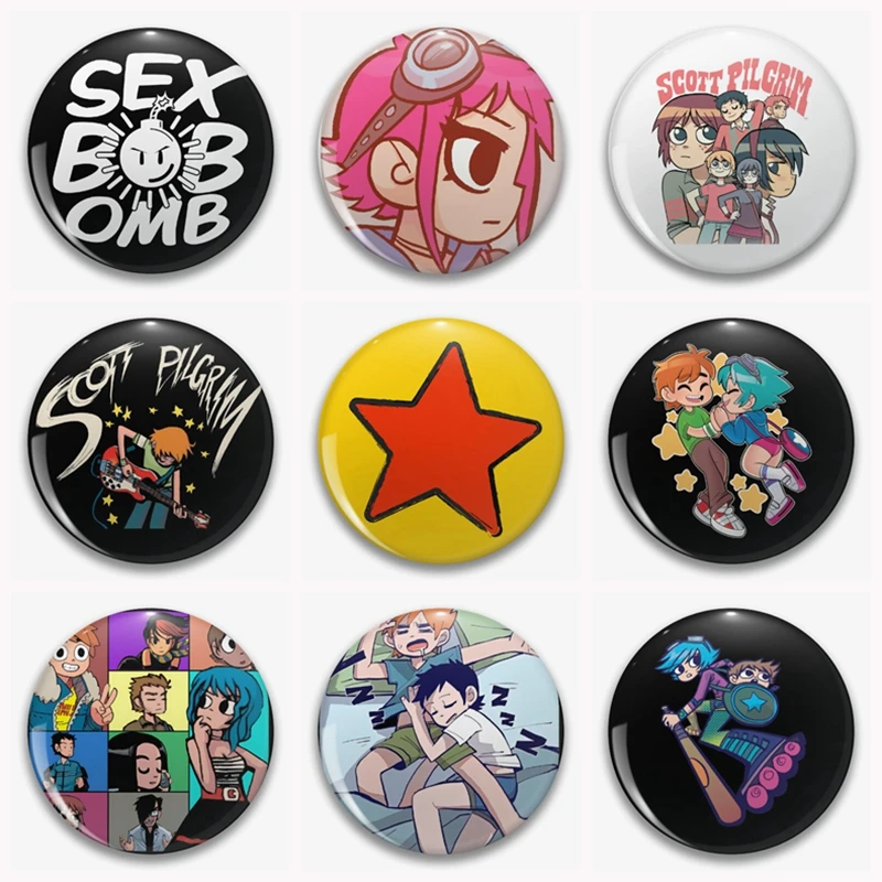 31 estilos Anime Scott Pilgrim Wallace Ramona botón Pin Scott grupo dibujos animados Fan Art divertido Meme broche insignia bolsa decoración regalo 58mm