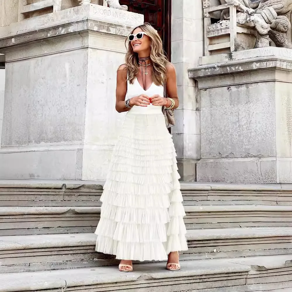 Customizable Summer Elegant High-waisted Cake Skirt Solid Color Loose-fit Long Dress For Commuting Pink Cake Patchwork Skirt