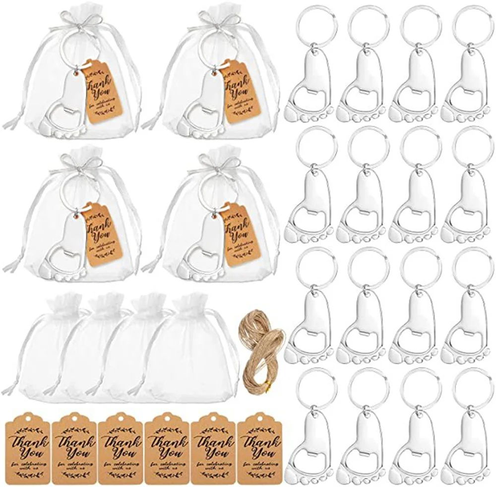 Hot 500pcs/lot Footprint Keychain Bottle Opener Baby Shower Favors for Guest Supplies and Decorations with Organza Bags Tags