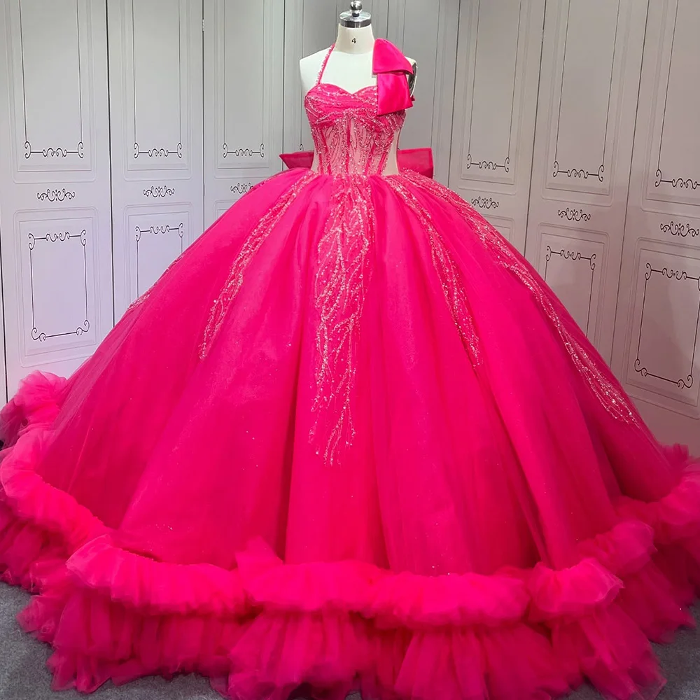 Pink Halter Quinceanera Dresses For 15 Party Princess Sleeveless Tulle Birthday Party Dress Robes vestido de 15 quinceañera
