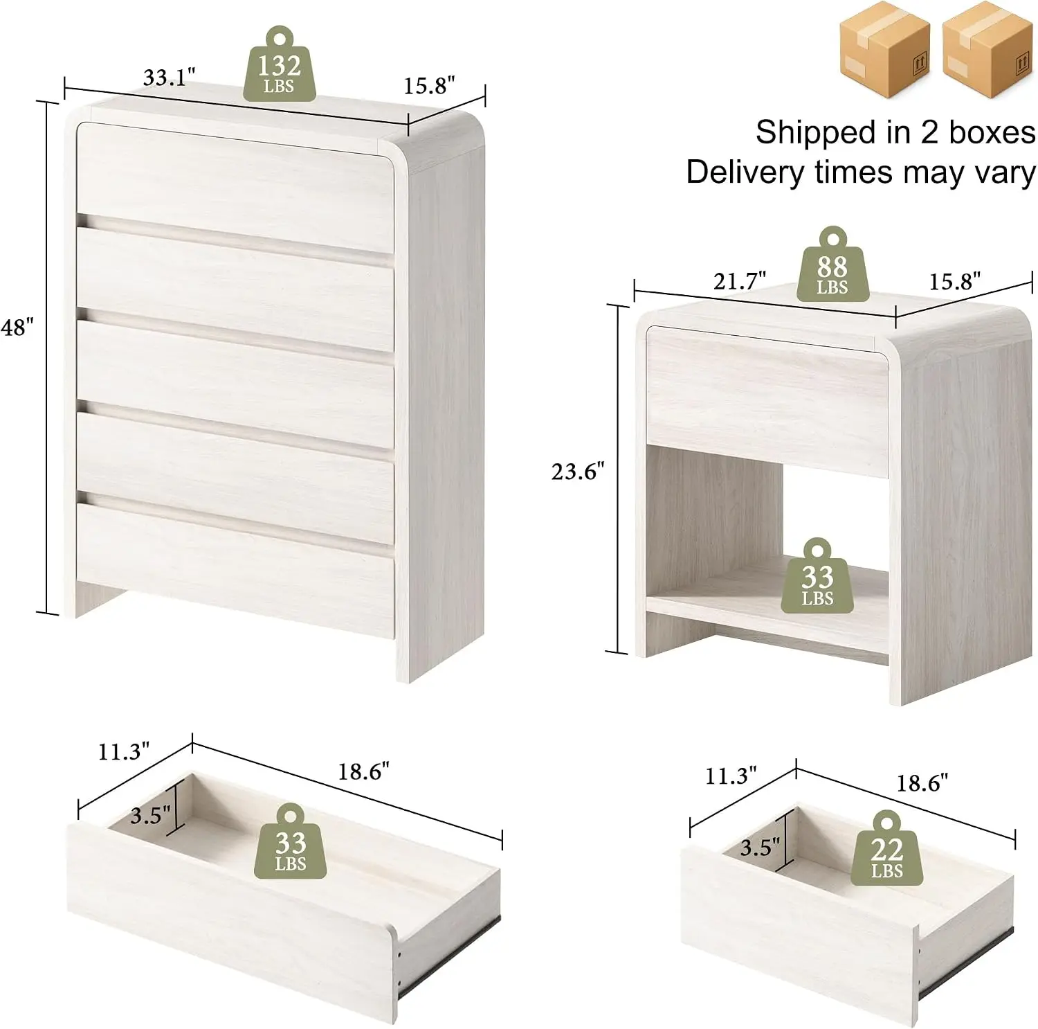AMERLIFE Modern 3-Piece Bedroom Furniture Set with 5-Drawer Dresser and 2 Nightstands, Large Storage Capacity, Rounded Corners, Flexible Combination Design, Anti-Tip Kit Included, White view 2