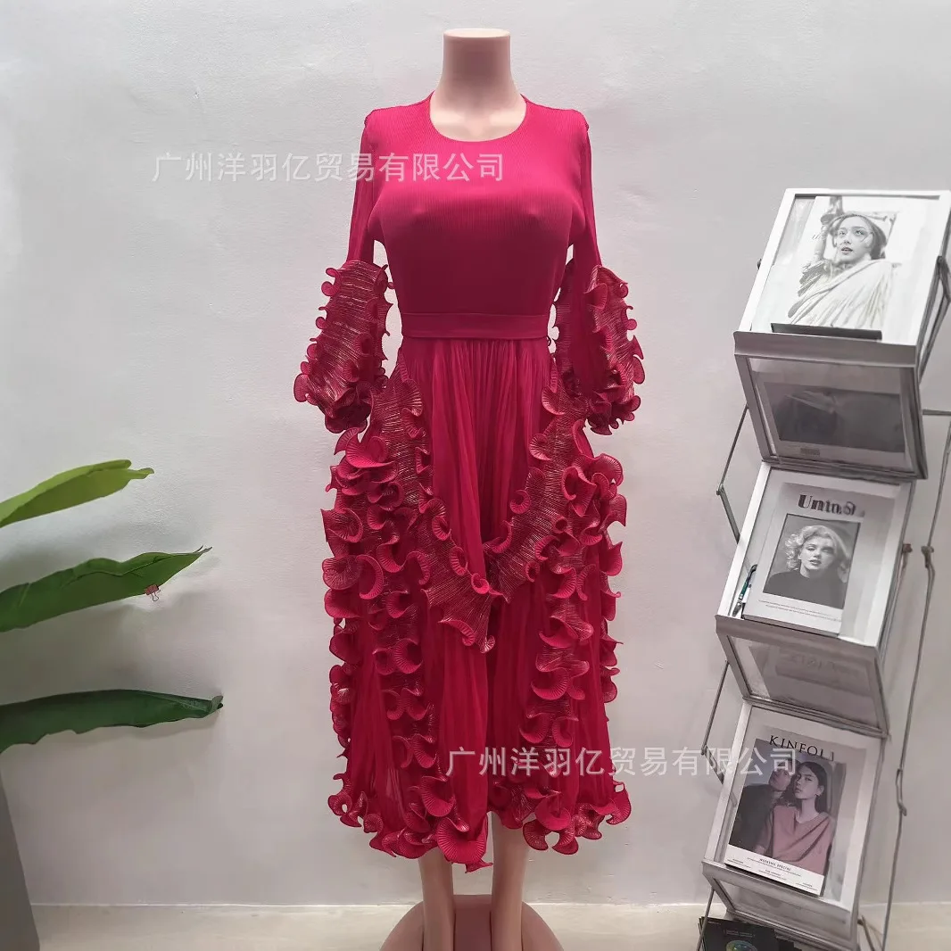

Miyake Gold Hot Ruffles Pleated Dress Women O Neck Hanging Loose Style Dresses with Belt Female Elegant Clothing Spring 2025 New