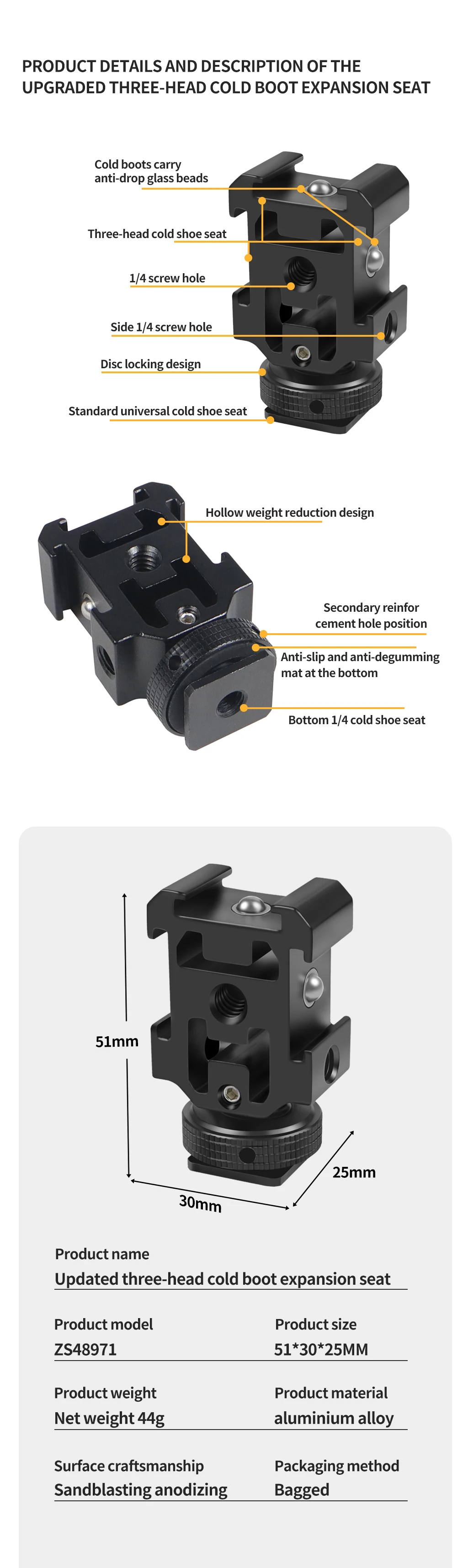 Triple Hot Cold Shoe Mount Adapter 1/4 Halter für Nikon Canon DJI MIC 2 SLR Stativ Mikrofon Licht Audio Recorder Ständer Halterung – Detail 9
