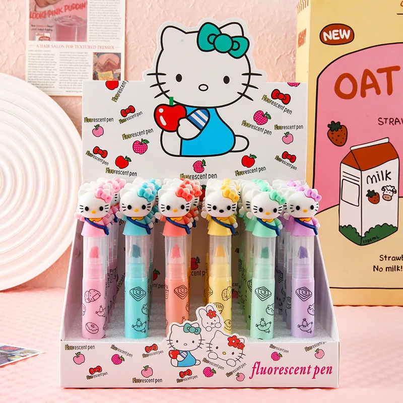 12/36pcs New Sanrio Hello Kitty Highlighter Oblique Head Six-Colour Markers Student Handbook Pen Stationery Wholesale