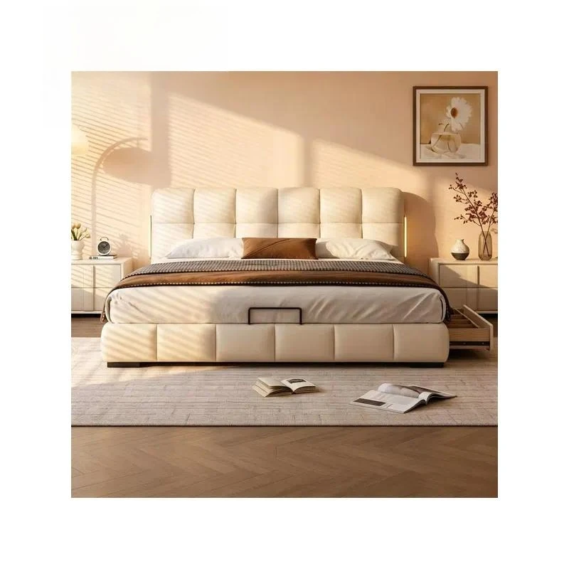 French Cream Style Puff Leather Bed Modern Simple Double Bed with Storage High End Atmospheric Master Bedroom Furniture