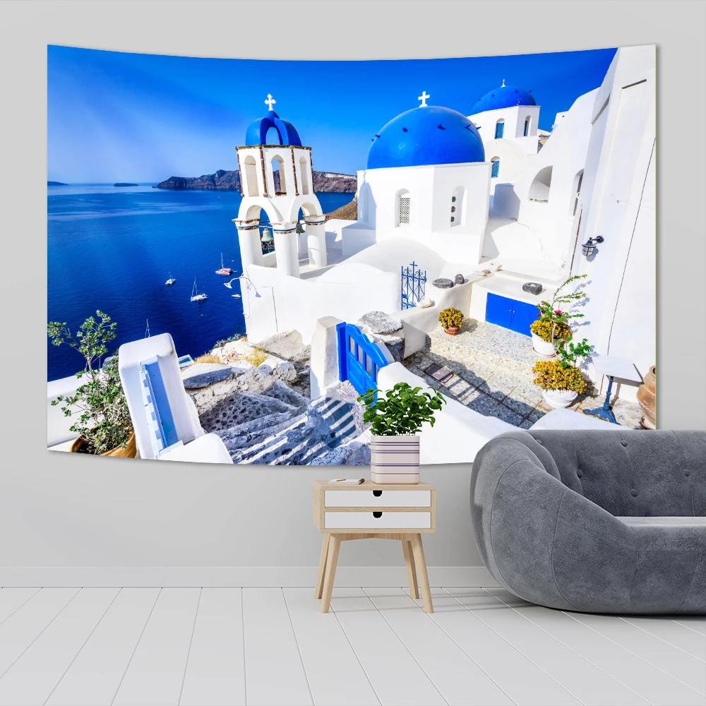 Santorini Tapestries Wall Hanging Beautiful Town Landmark Nature Europe Scenery Background Cloth Home Decoration