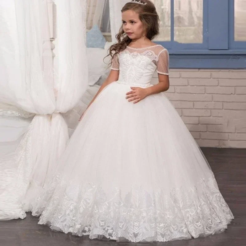 

New White Lace Flower Girl Dresses For Wedding Party Birthday One Sleeve Kids Pageant First Communion Gown