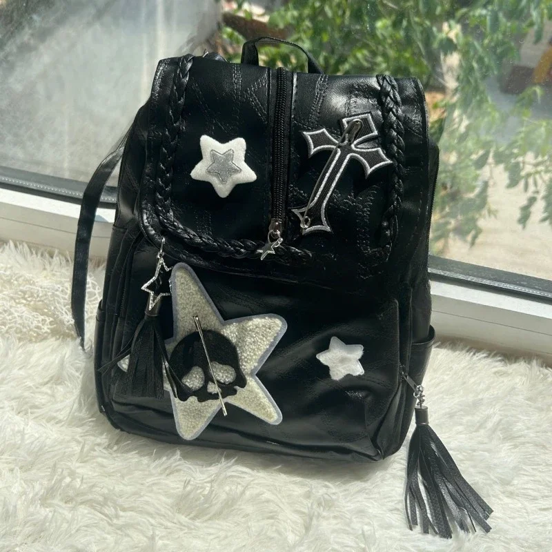 Handmade Punk Casual Backpack Shining Star Travel Bone Backpack Versatile Flip American Backpack Purses Handbags Designer Bag