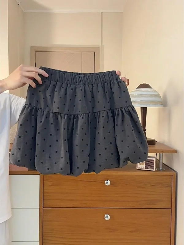 Commute Wave A-Line  Skirt Women's High Waist Elastic Waist Short Skirt Small Size Flower Bud Deep Gray Casual Summer