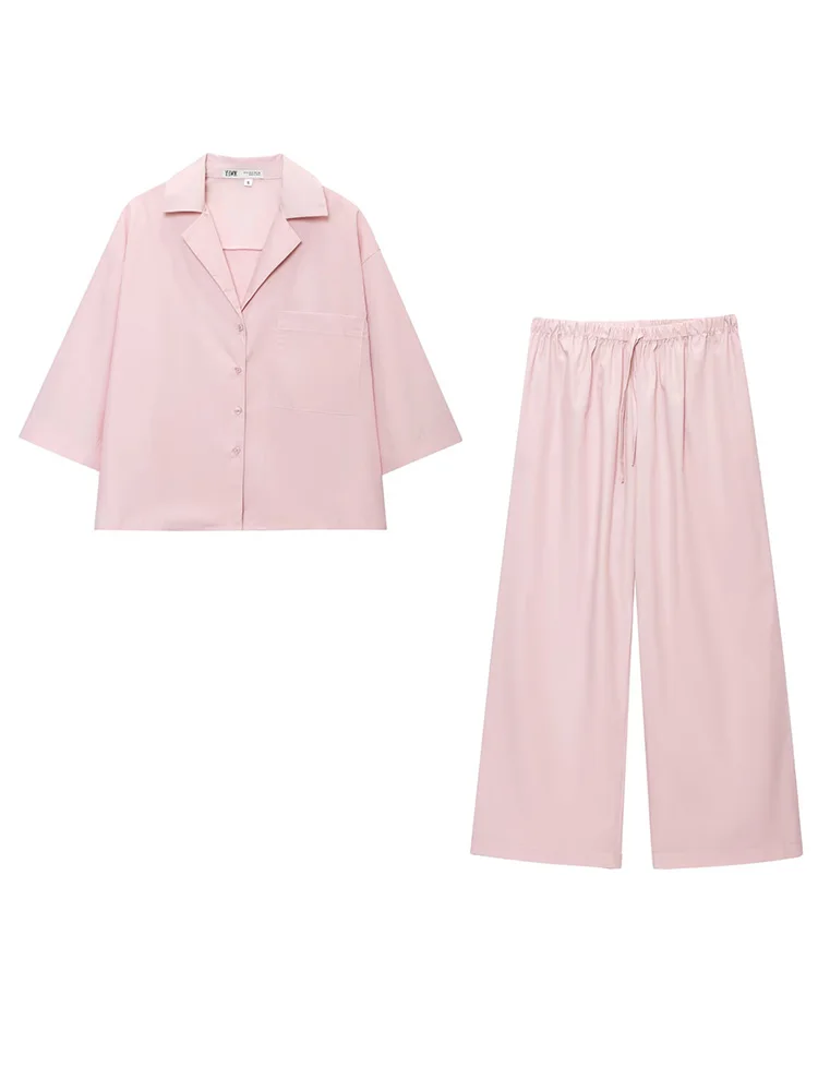 HH Women 2-Piece Set Single-breasted Short Sleeve Turn-down Collar Shirt+Drawstring Elastic Waist Solid Autumn Wide-leg Pants