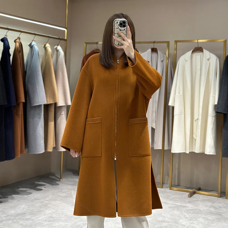 Autumn and Winter New Cashmere Wool Coat Knitted Splicing Simple Fashion Woolen Coat Coat for Women Long