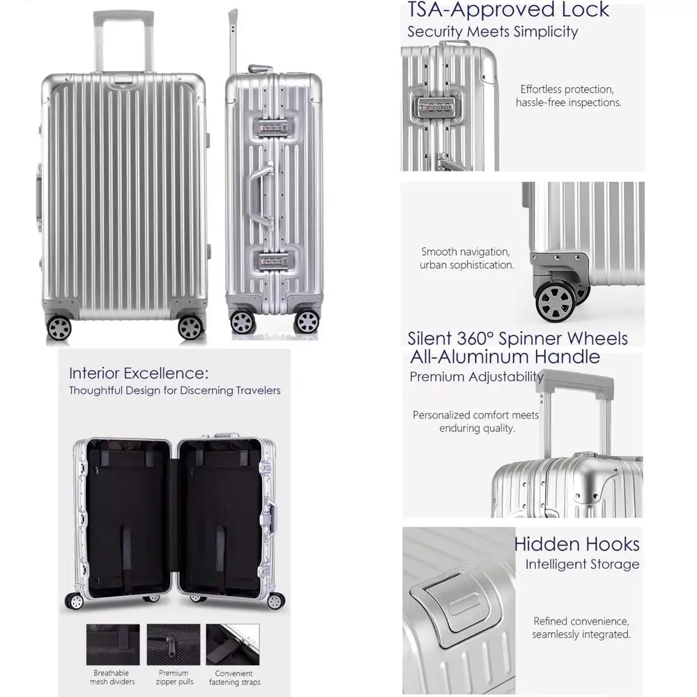 

20 inch aluminum carry-on luggage with wheels, hard shell tsa lockable suitcase, silver travel bag