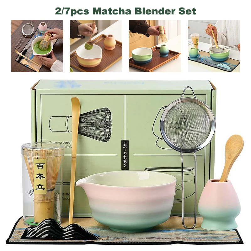 

2/7Pcs Gradient Color Ceramic Matcha Bowl Japanese Ceremony Bamboo Chasen Tea Tool Tea Brush Exquisite Matcha Kit Teawares Gifts