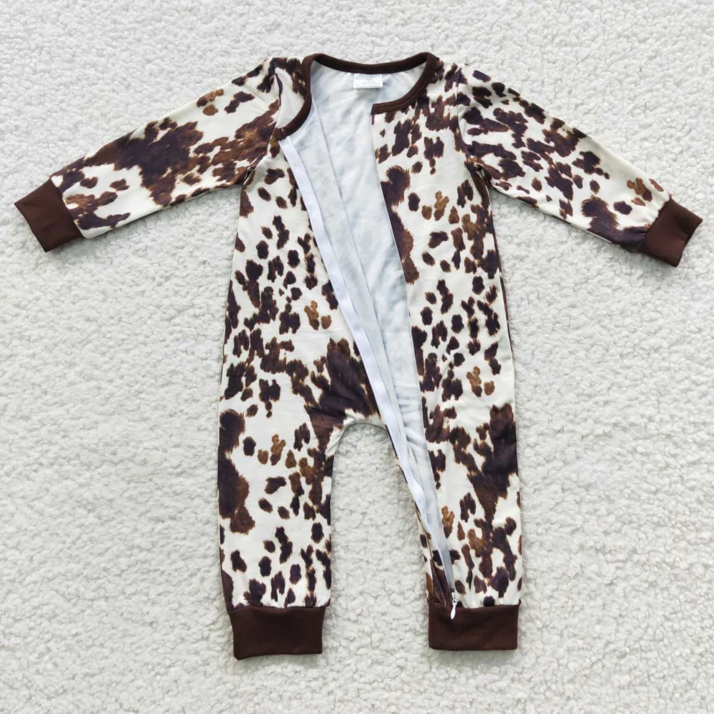 Wholesale Newborn Baby Boy Long Sleeves Toddler Western Zipper Brown Cow Print Jumpsuit Kid Children Sping Fall One-piece Romper