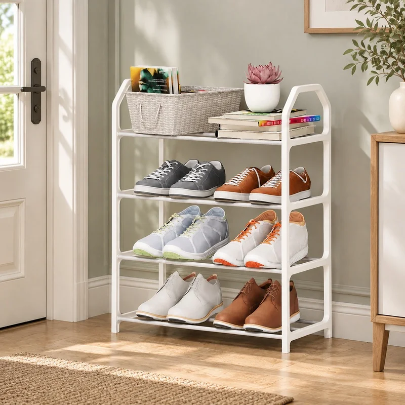 Space-Saving 4-Level Shoe Rack with Angled Metal Frame for Living Room Storage