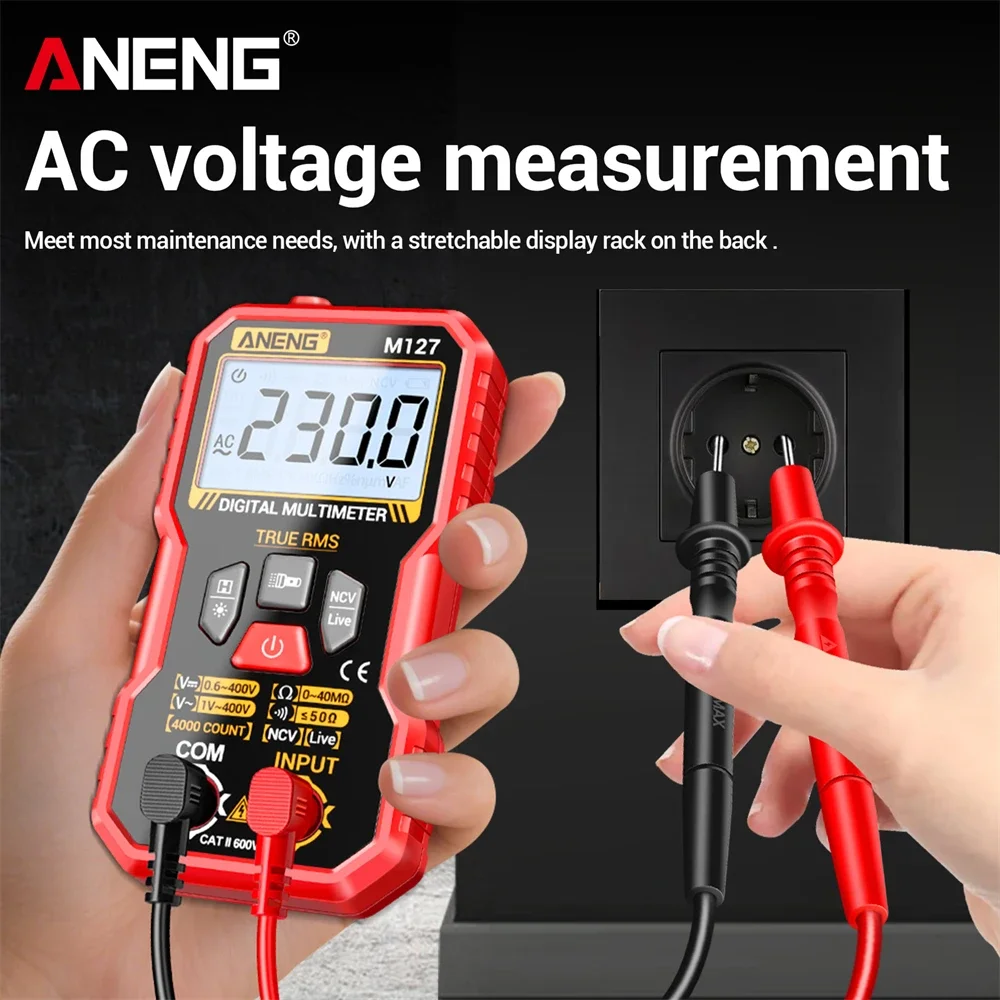 Aneng multímetro inteligente 4000 contagem ac/dc teste de tensão m127 resistência ncv detecção ohm ohm ohm ohm ferramentas de linha de detecção de fogo zero