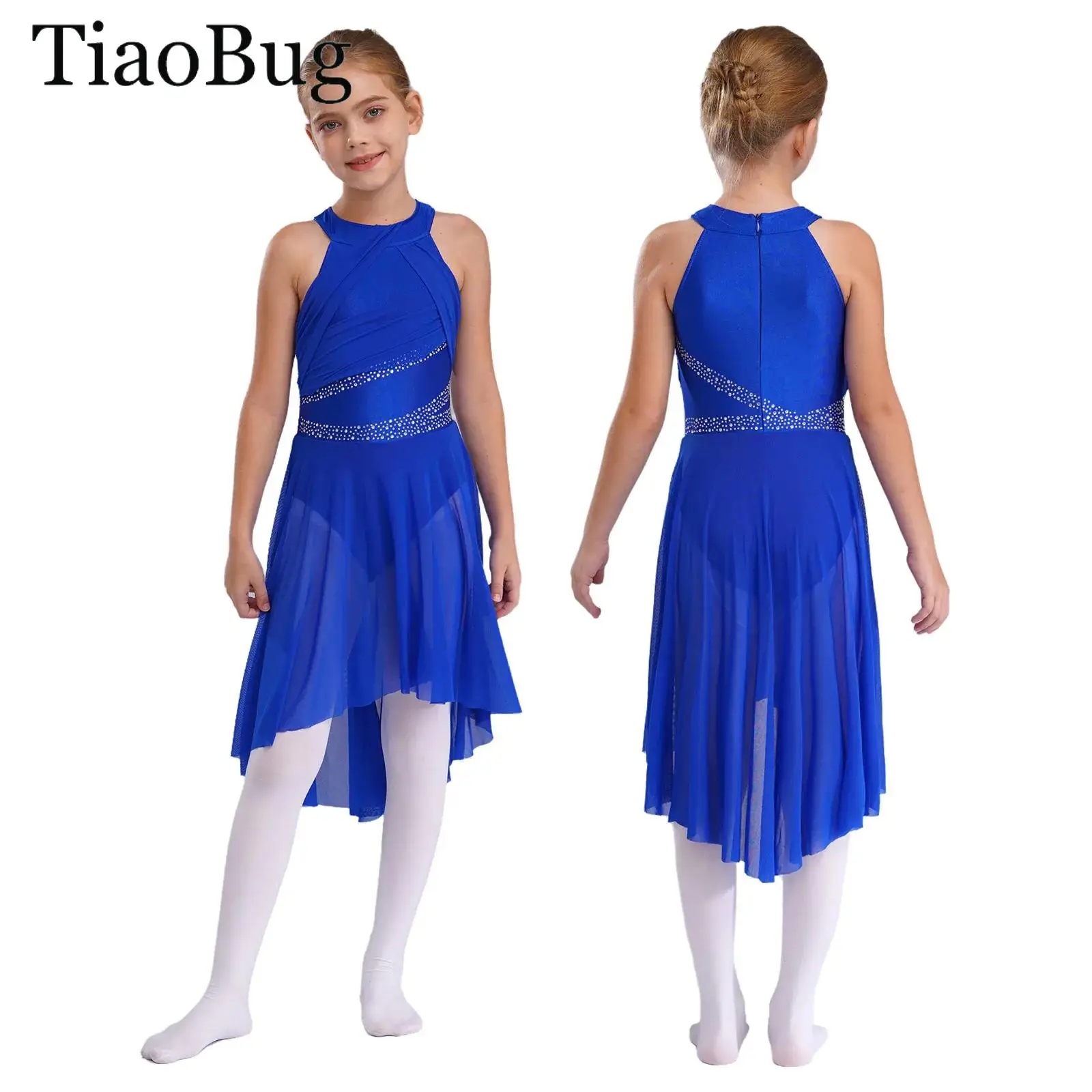 

Girls Gymnastics Ballet Leotard Dress Sleeveless Rhinestone Floral Sheer Mesh Figure Skating Modern Lyrical Dance Dress Dancewea