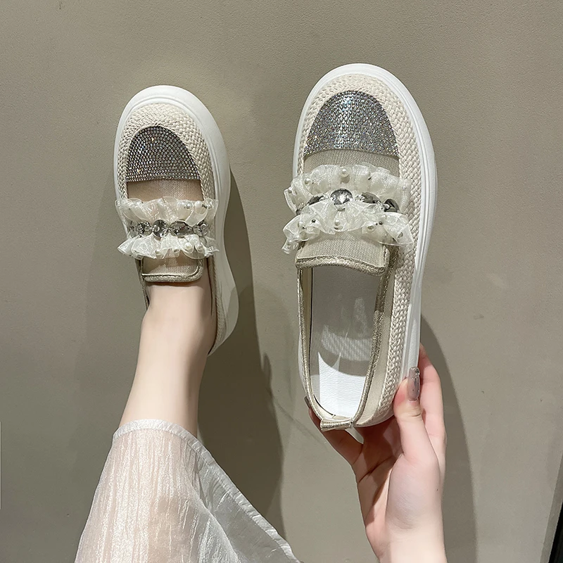 2025 جديد إمرأة لو فو أحذية سميكة سوليد لينة جوفاء شبكة حذاء مسطح المياه الماس الفاخرة تنفس أحذية رياضية Zapatillas Mujer #4