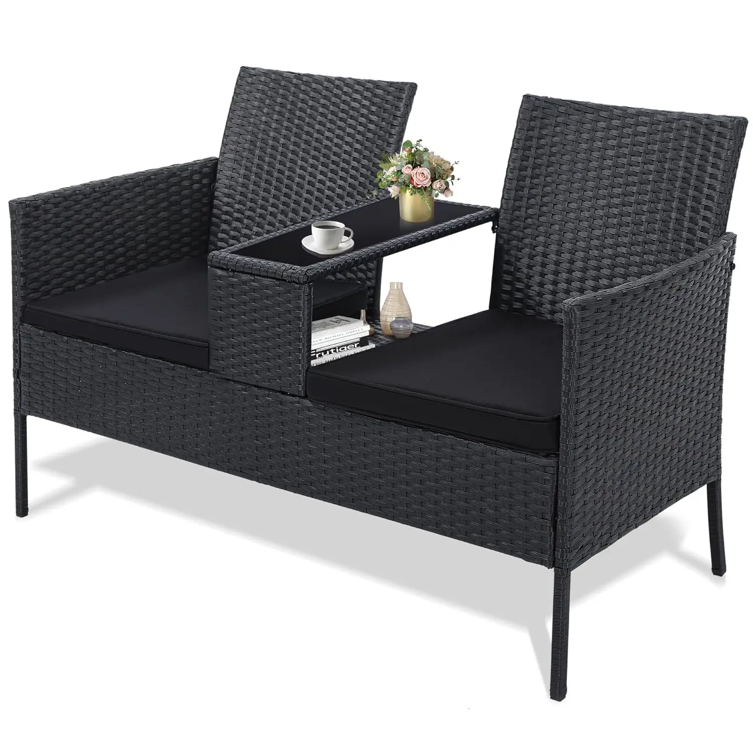 

Wicker 2 Seat Patio Loveseat, Outdoor Rattan Loveseat with Table, Washable Cushion Covers, Backyard, Garden, Lawn, Black Rattan