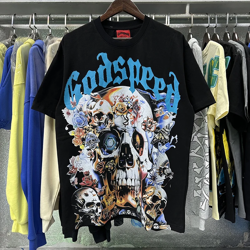 

Europe America Rock Rap GODSPEED Short Sleeve T-shirt Personality Skull Rose HD Print Oversized Godspeed Men Women T-shirts