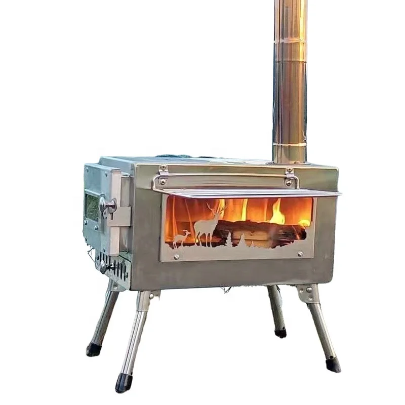 Portable Wood Stove Outdoor Fire Wood Stove With Window Accessories Camping Stainless Steel Cooking Heating Stove