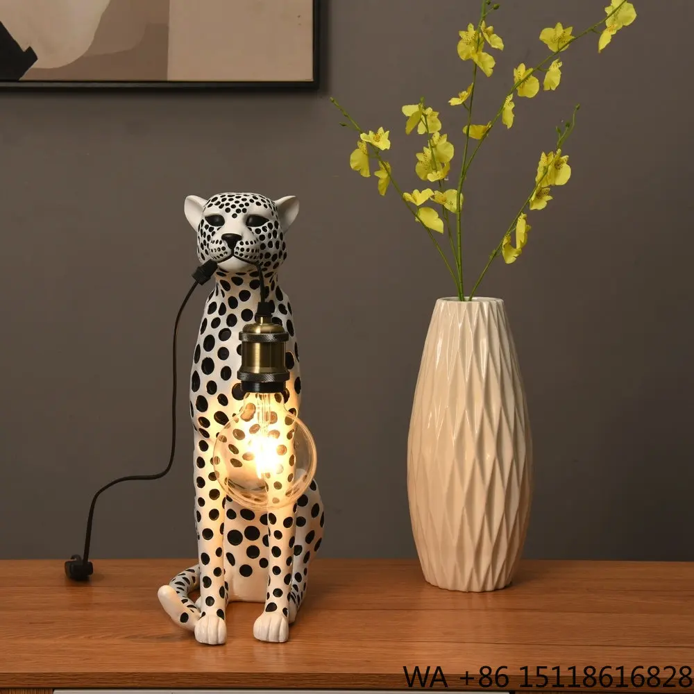 Modern Art Animal Leopard Resin Sculpture Luxury Home Decoration Cheetah Statue Table Lamp for Hotel Office Living Room view 3