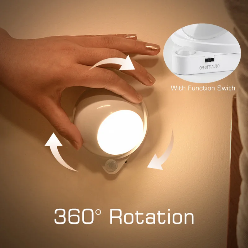 Imagem -04 - Sensor de Movimento Led Luz 360 ° Girar Ímã Luz da Noite Usb Carregamento Lâmpada de Parede Cabeceira para Armário Escada Corredor Quarto Armário