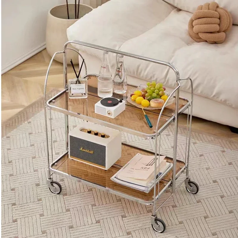 Modern transparent Glass coffee table mobile dining car folding trolley storage rack living room sofa Side table home furniture