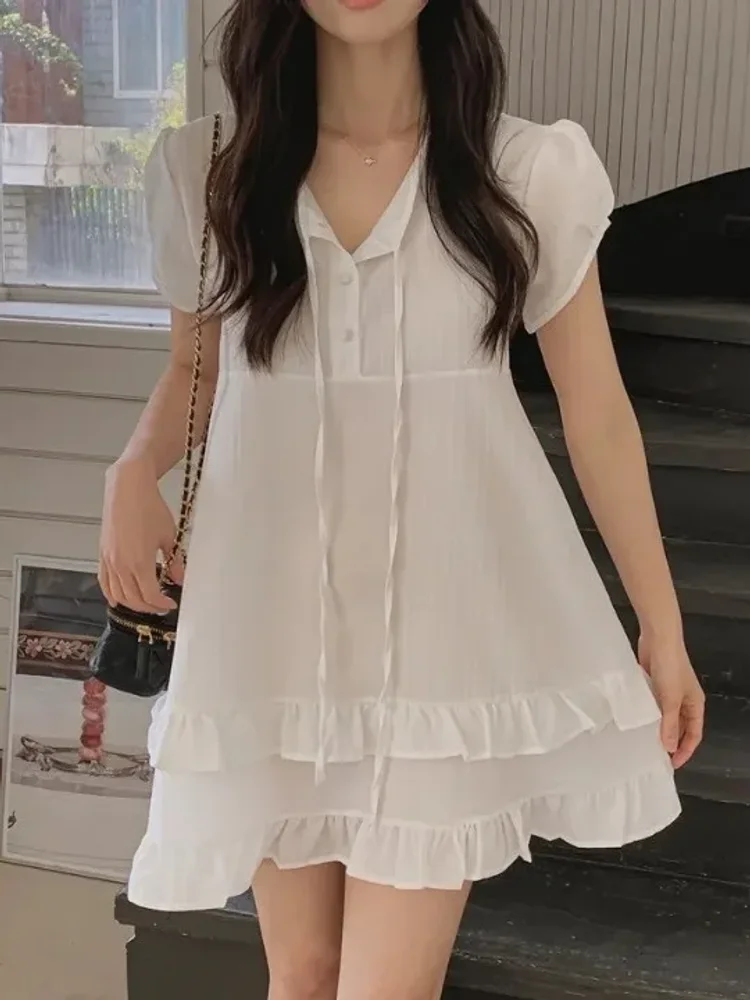 Sweet Summer Short Dress Women's Korean Style Gentle Double Layer Lace Trim Belted Half Open Collar First Love Dress City Com...