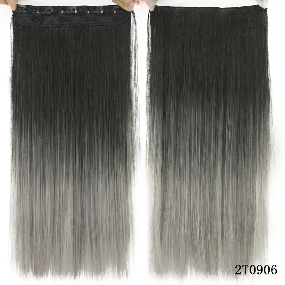 Synthetic Straight Grey Ombre Clip in Hair Extensions Hairpiece Fake Hair on Hairpins for Women Cabelo Postiche