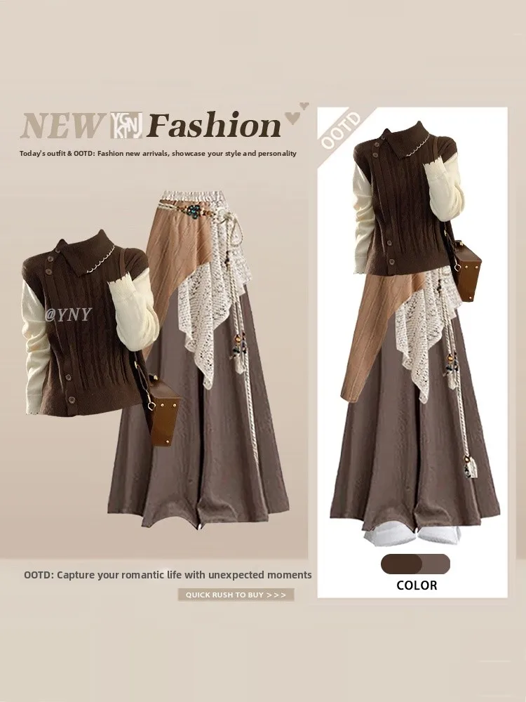 

Свитер с воротником контрастного цвета в стиле ретро, комплект из двух предметов с широкими брюками, повседневные женские зимние многослойные брюки с атмосферой...