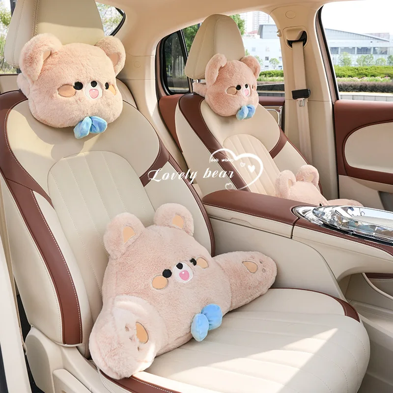 

Car Neck Pillow Cute Plush Cartoon Bowknot Bear Travel Rest Cushion Neck Pillow Headrest Kawaii Car Interior Accessories