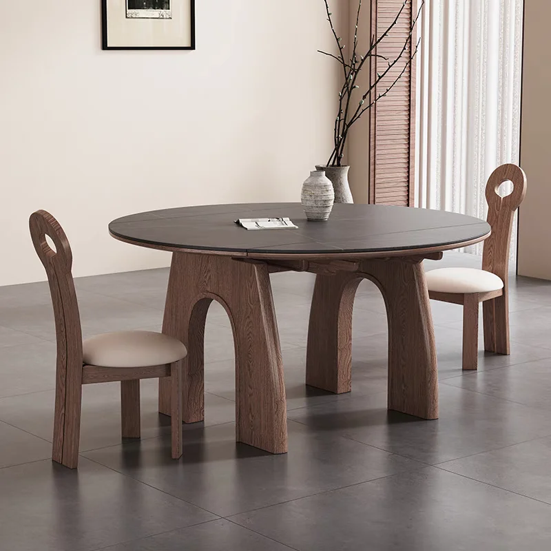 French solid wood folding dining table and chair combination, retractable high-end rock slab medium antique dining table