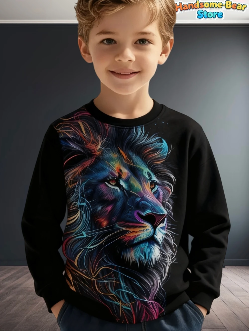 Boys Wolf Print Long Sleeve Crew Neck Sweatshirt Soft Breathable Casual Wear Outdoor Activities Autumn Essential Clothing Hoodie