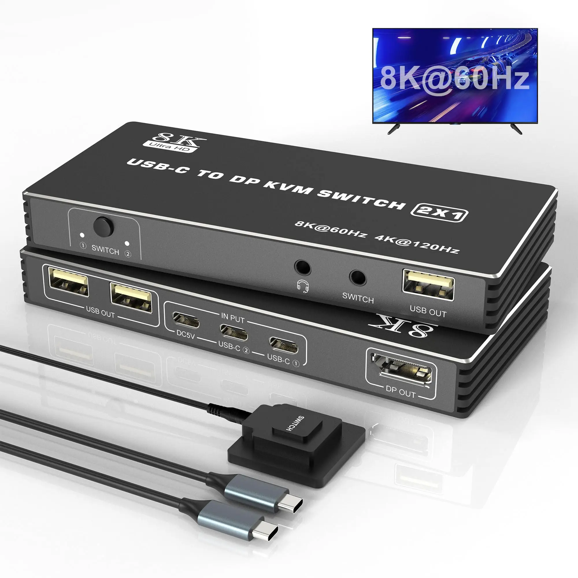 USB C KVM Switch 8K@60Hz 4K@120Hz, 2 Port Type C KVM Switch for 2 Computers Share 1 DisplayPort Monitor,2 USB-C Cables Included