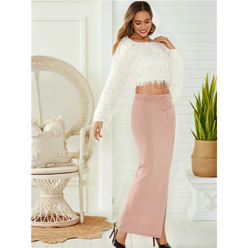 

【SEE】Women's Midi Skirt Drawstring High Waist Slit Sweat Skirts