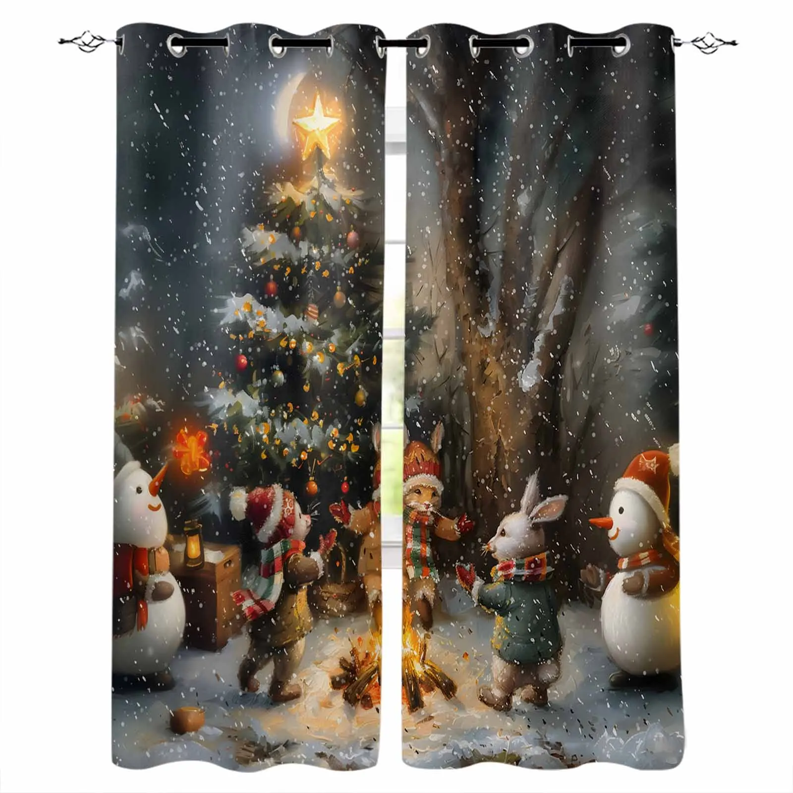 Christmas Colorful Forest Moon Bonfire Animals Curtains For Kitchen Bedroom Window Treatment Curtains For Living Room Home Decor