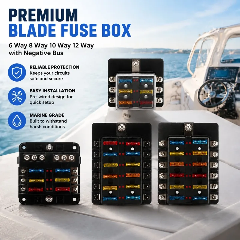6 Way 8 Way 10 Way 12 Way Blade Fuse Box with Negative Bus for Car RV Boat Marine Truck