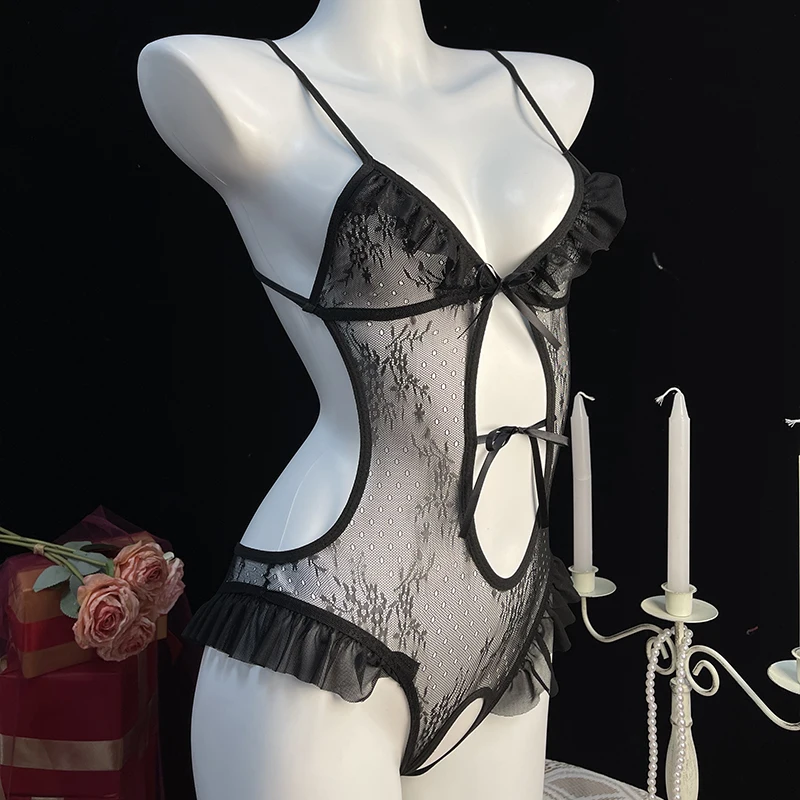 Sexy Lingerie Women's Pajamas Nightgown Perspective One Piece Sleepwear Dress Sex Strapless Backless Deep V-neck Exotic Style