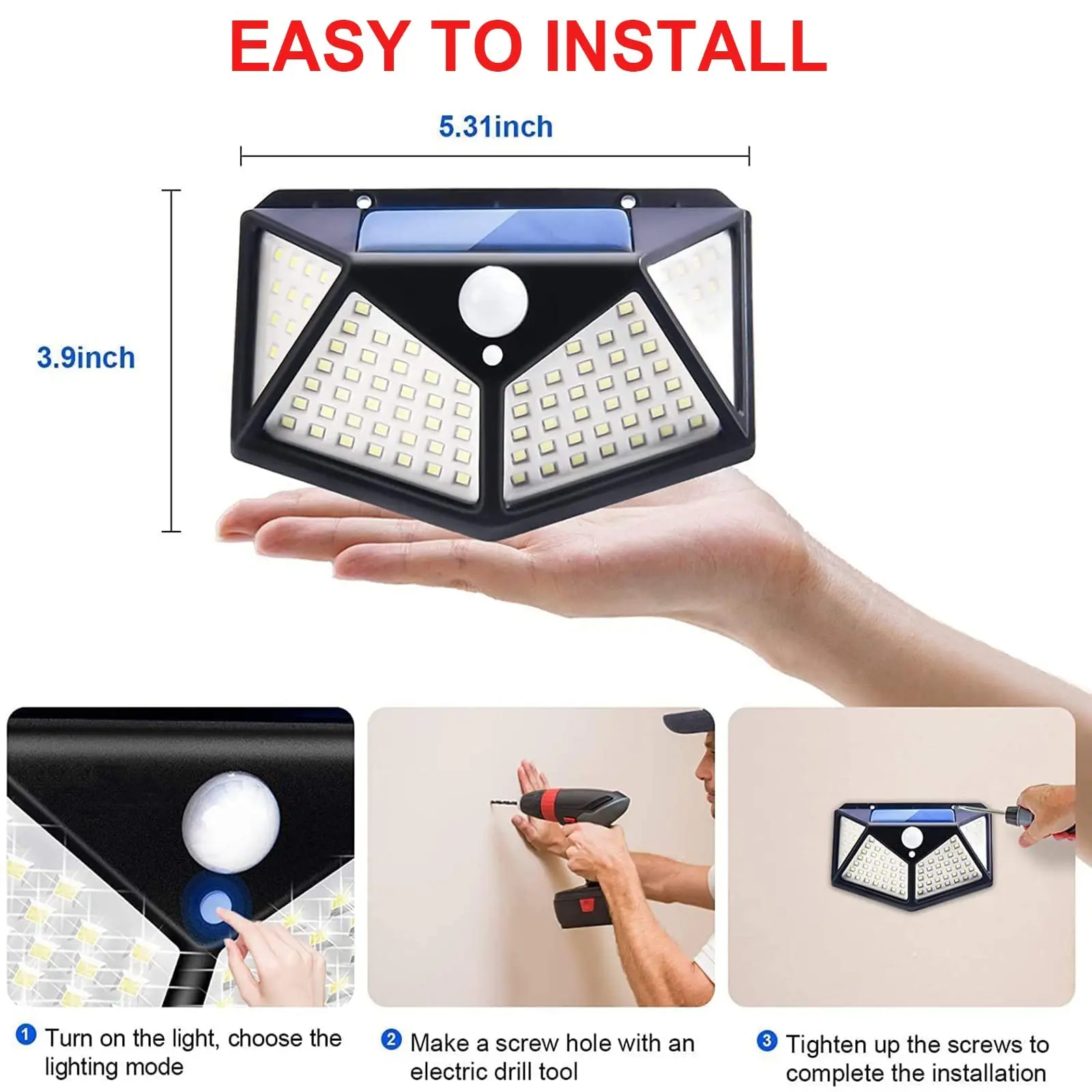 

Solar Powered 100 LED Motion Sensor Wall Light, Waterproof Outdoor Security Lamp for Garden, Fence, Yard, Pathway Decoration