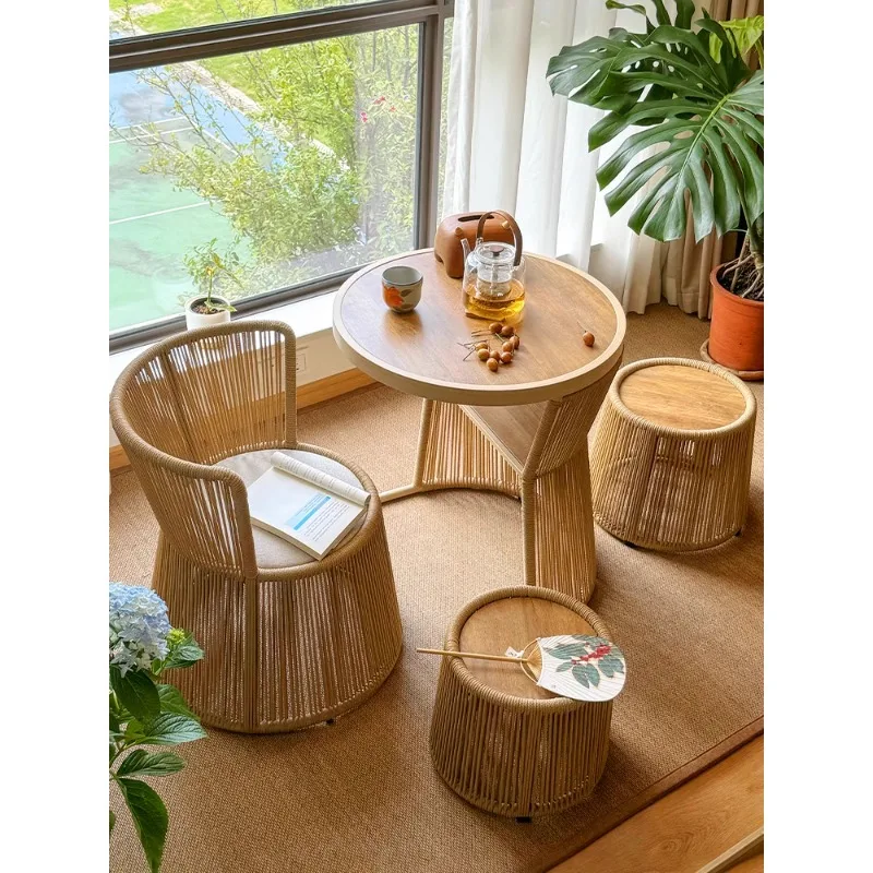 

Hee Niu balcony tea table and chair combination small simple coffee table rattan chair three-piece set household tea table leisu