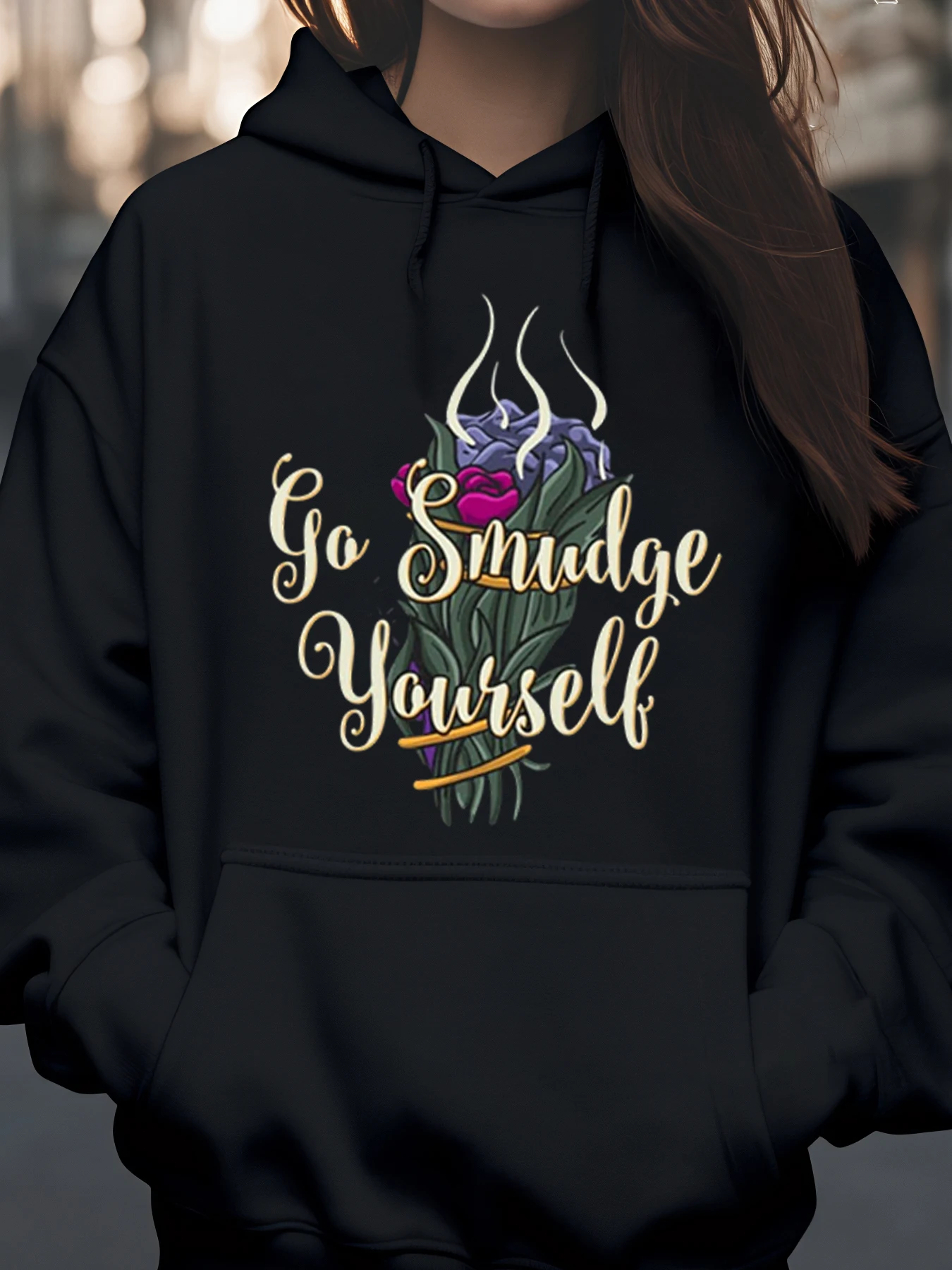 Sudadera con capucha con diseño de ramo de manchas y texto para prácticas espirituales de bienestar, ropa informal para mujer