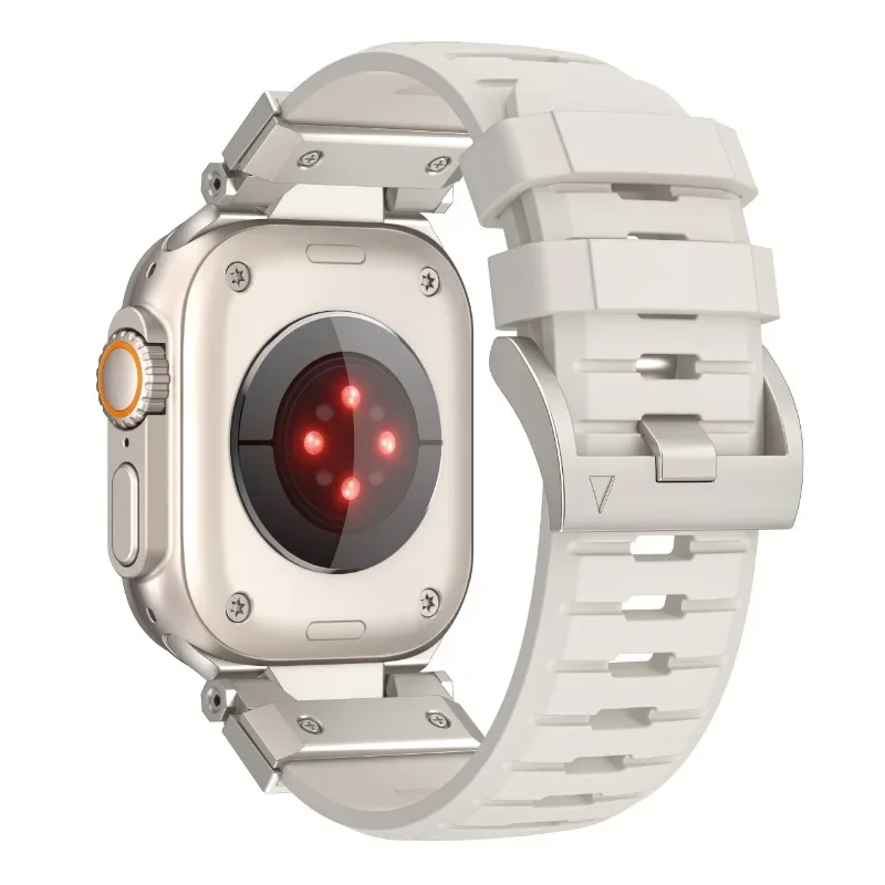 Apple Watch Band Ultra 2 용 불소 고무 스트랩 49mm 46mm 45mm 44mm 42mm 스테인레스 스틸 인터페이스 벨트 10 9 8 7 6 4 3 SE